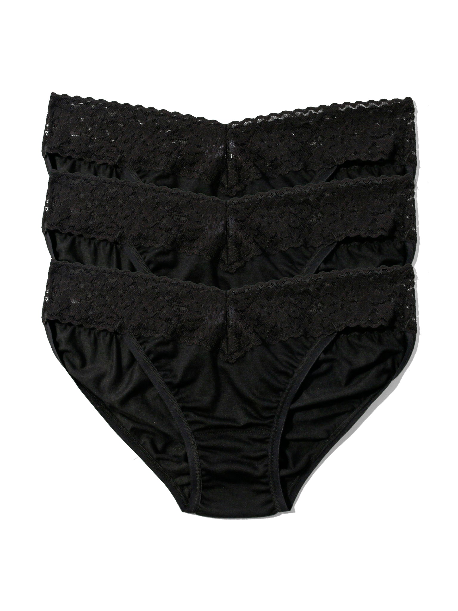 Black DreamEase™ V-kini 3 Pack, Tencel Modal bikini panties with lace waistband - Flat Lay | Hanky Panky