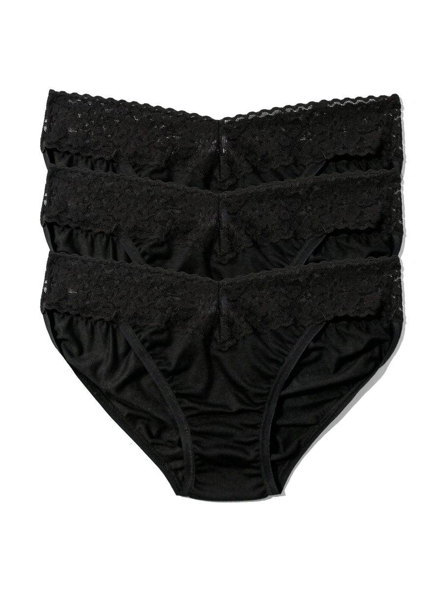 Black DreamEase™ V-kini 3 Pack, Tencel Modal bikini panties with lace waistband - Flat Lay | Hanky Panky