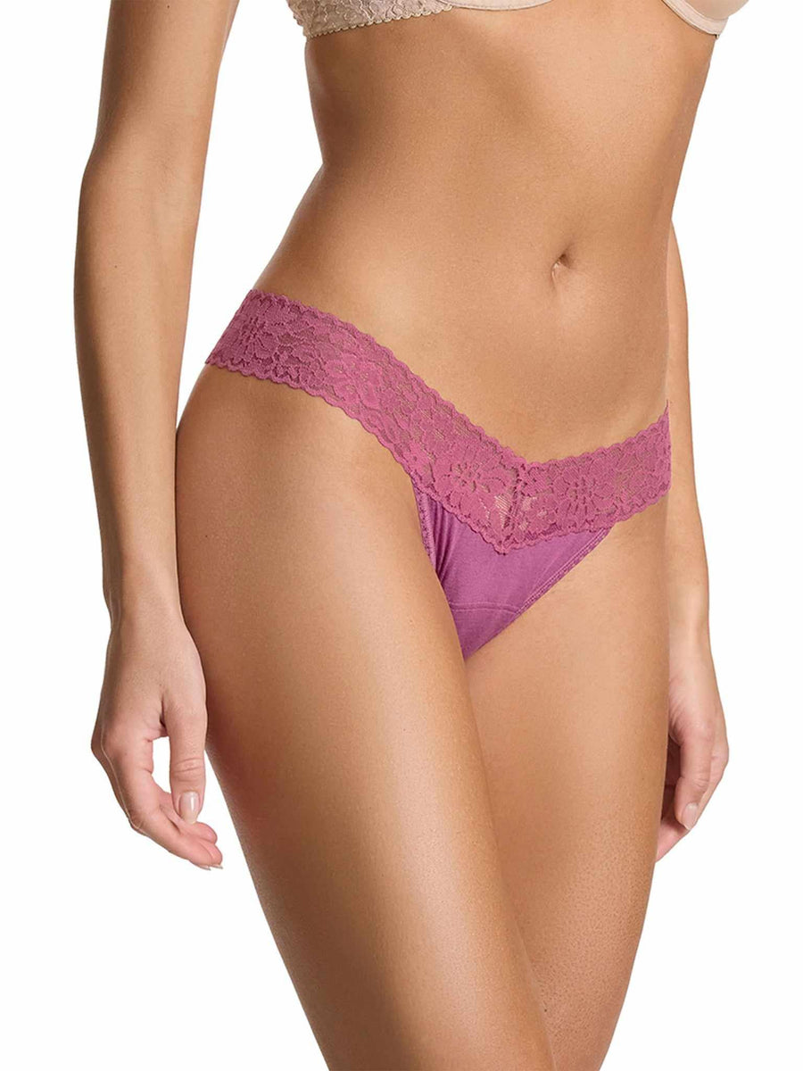 DreamEase™ Low Rise Thong California Raisin Purple - Side Front Angle On Model | Hanky Panky