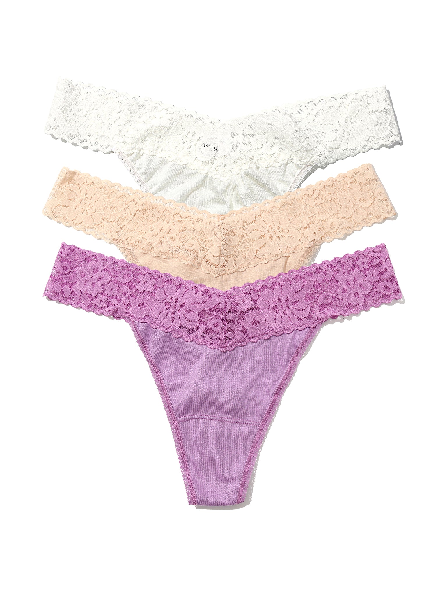 DreamEase™ Original Rise Thong 3 Pack in Ivory, Chai & Berry Pie Purple - Flat Lay | Hanky Panky
