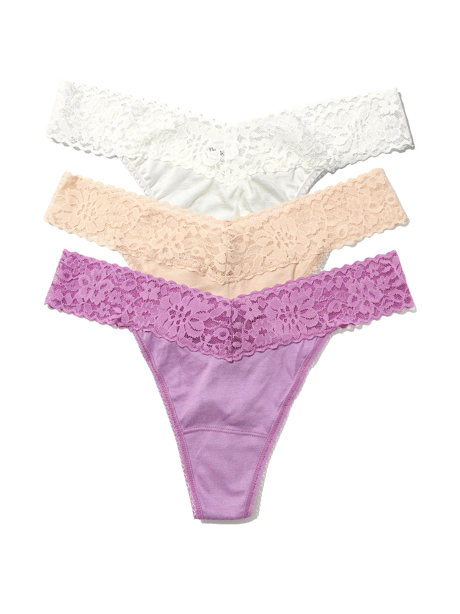 DreamEase™ Original Rise Thong 3 Pack in Ivory, Chai & Berry Pie Purple - Flat Lay | Hanky Panky