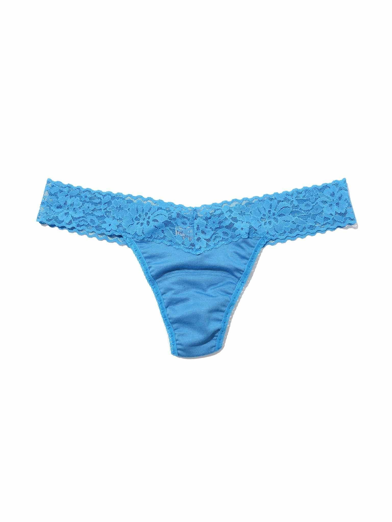 DreamEase™ Low Rise Thong Laguna Blue - Flat Lay, Lace Trim Detail | Hanky Panky