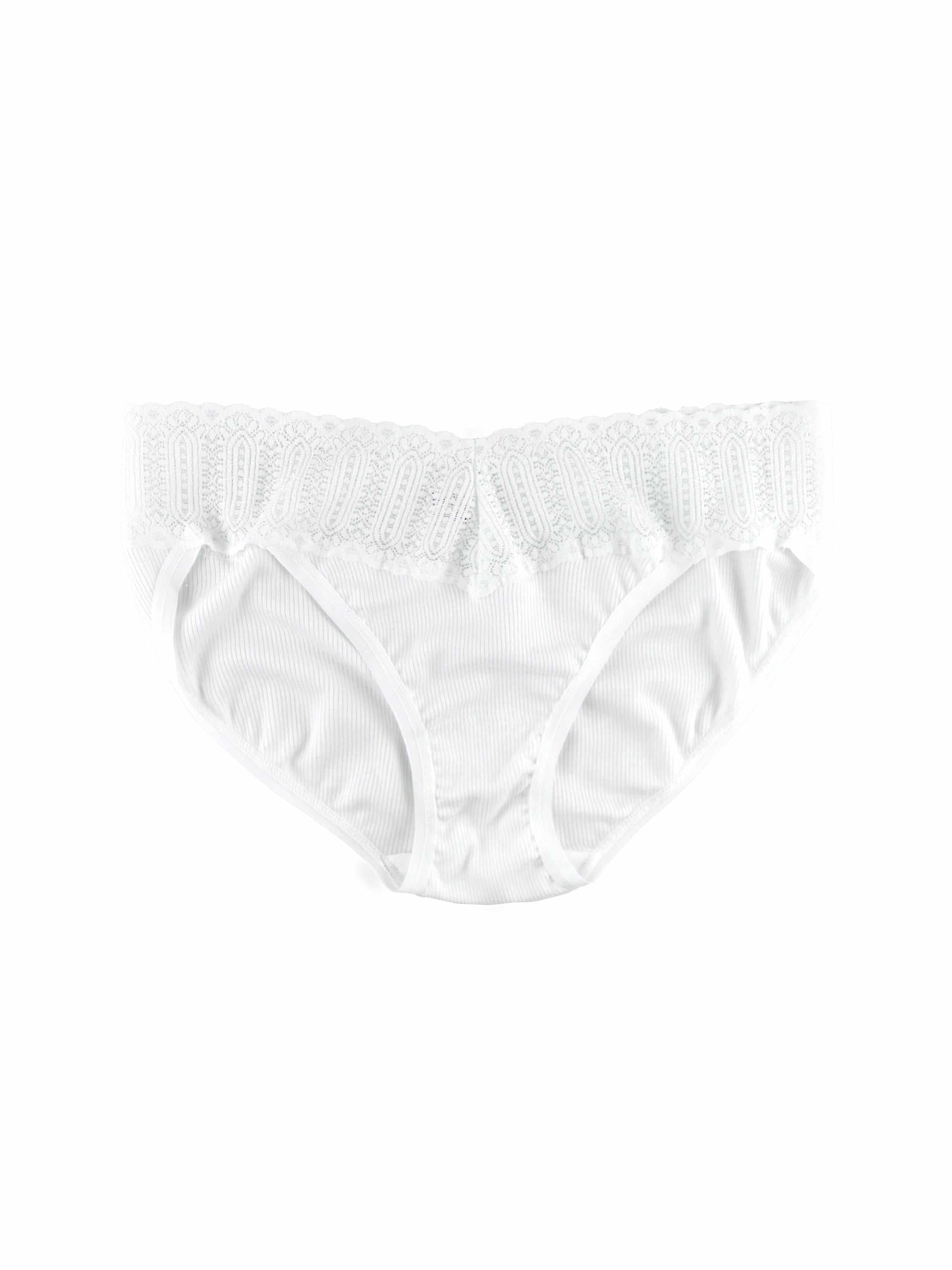 ECO Rx™ V-Kini White Ribbed V-Kini Panty with Lace Trim - Flat Lay Front | Hanky Panky