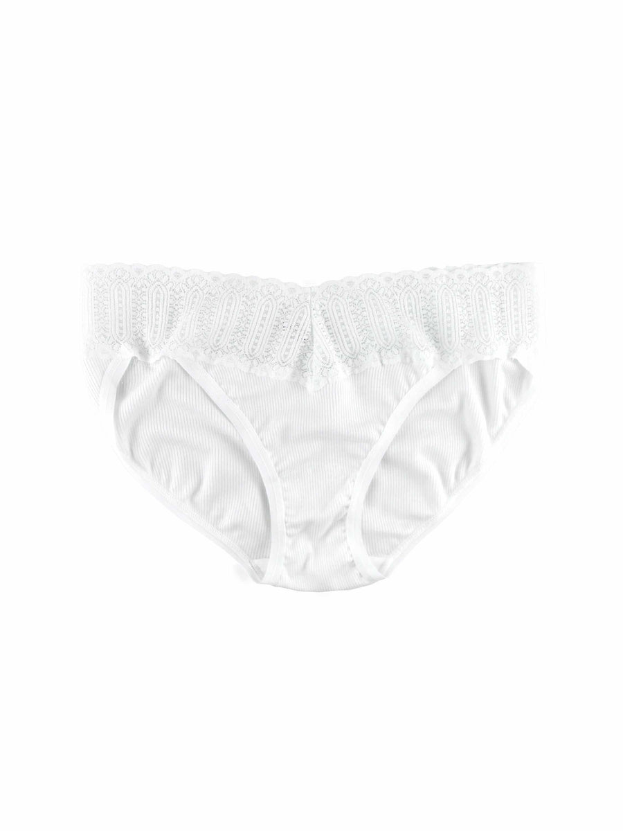 ECO Rx™ V-Kini White Ribbed V-Kini Panty with Lace Trim - Flat Lay Front | Hanky Panky