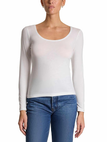 White ECO Rx™ Lite Long Sleeve Top - Front View, Scoop Neck, TENCEL Jersey On Model | Hanky Panky