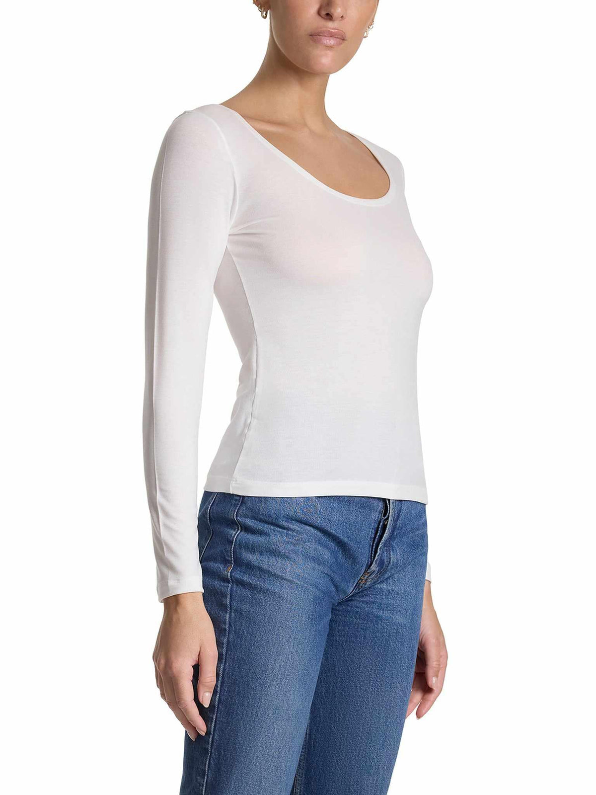 White ECO Rx™ Lite Long Sleeve Top - Three-Quarter Side View, Fitted Silhouette On Model | Hanky Panky