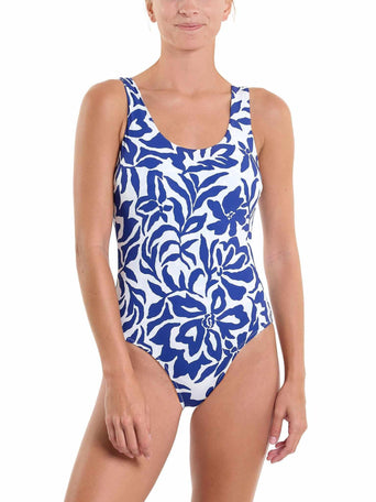 Essential One Piece Swimsuit Poolside Blue Floral Print - Front View On Model | Hanky Panky
