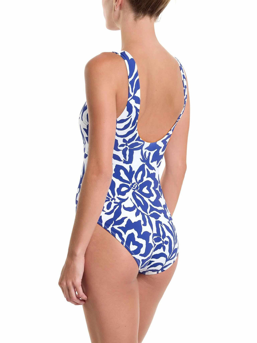 Essential One Piece Swimsuit Poolside Blue Floral Print - Back View Open Scoop Detail | Hanky Panky