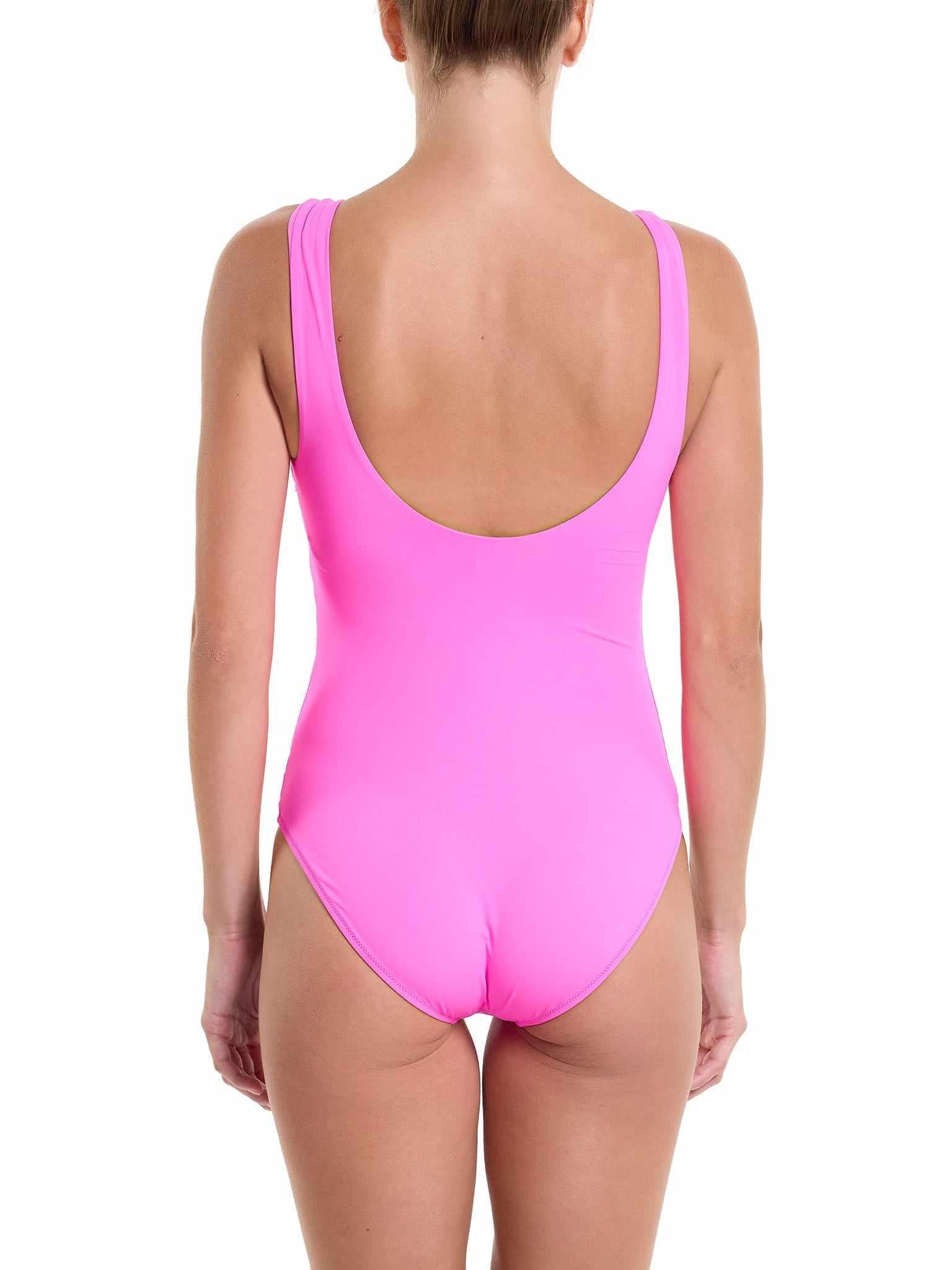 Unapologetic Pink Essential One Piece Swimsuit Open Back Detail - Back View On Model | Hanky Panky