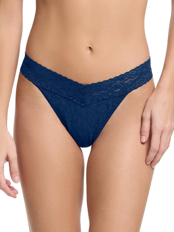 Flora Lace Original Rise Thong Night Owl Blue - Front View, V-waistband lace thong | Hanky Panky