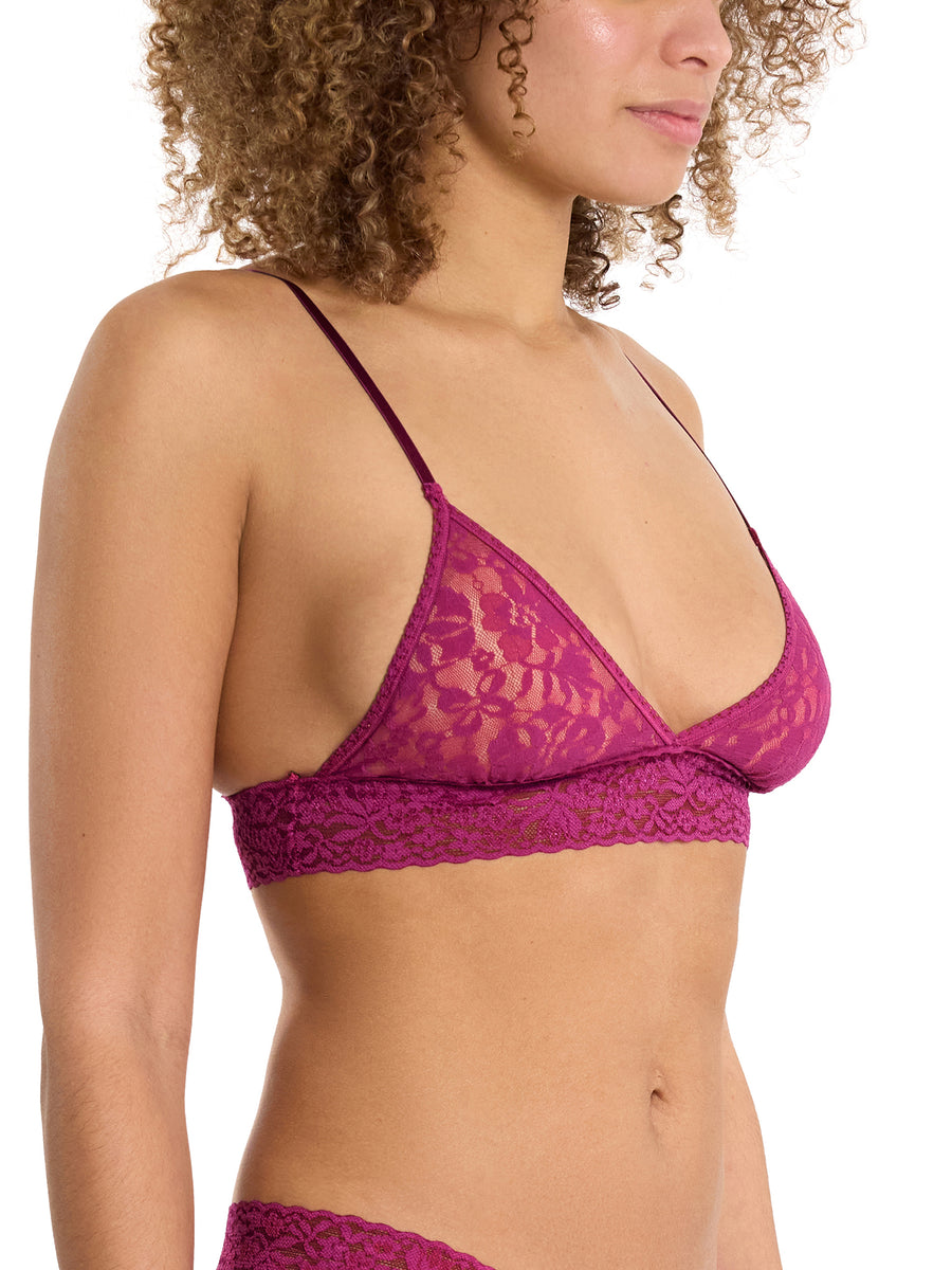Flora Lace Padded Bralette Picking Plums Pink - Side Angle Close-Up, Sheer Floral Lace Triangle Detail | Hanky Panky
