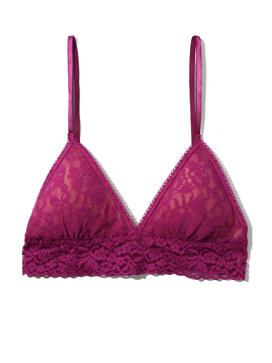 Flora Lace Padded Bralette Picking Plums Pink - Flat Lay, Scalloped Lace Band & Triangle Cup Detail | Hanky Panky
