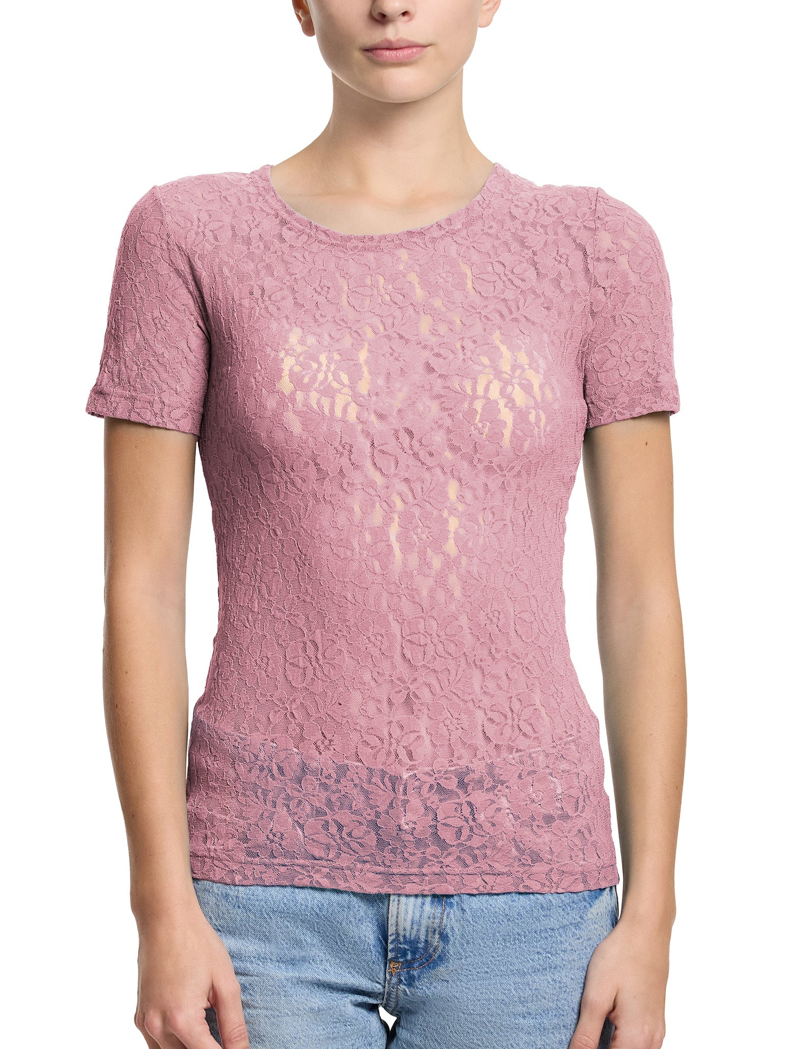 Mauve Orchid Pink Flora Lace Short Sleeve Top - Front View On Model | Hanky Panky
