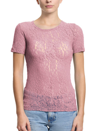 Mauve Orchid Pink Flora Lace Short Sleeve Top - Front View On Model | Hanky Panky