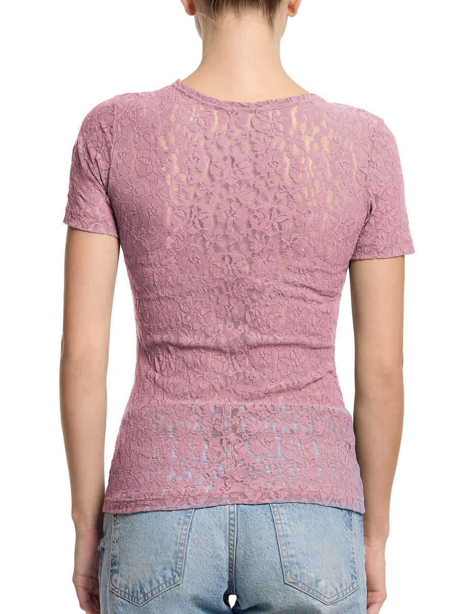 Mauve Orchid Pink Flora Lace Short Sleeve Top - Back View On Model | Hanky Panky
