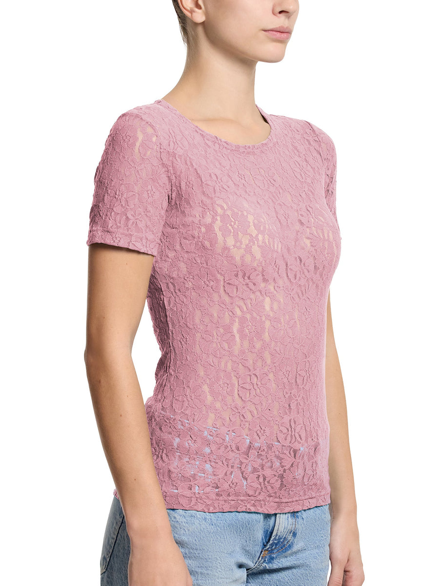 Mauve Orchid Pink Flora Lace Short Sleeve Top - Side Profile On Model | Hanky Panky