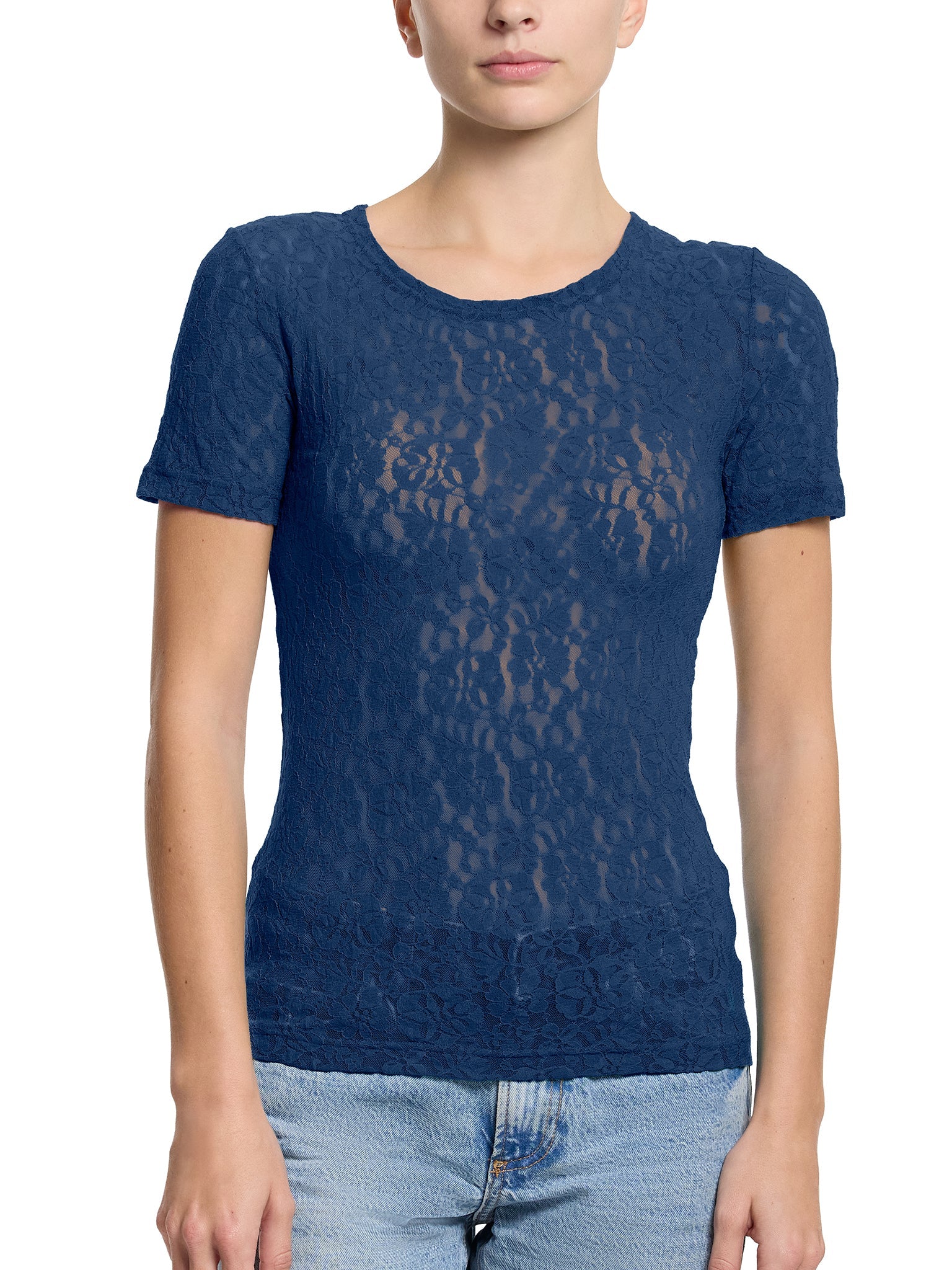 Flora Lace Short Sleeve Top Night Owl Blue - Front View On Model, Sheer Floral Lace | Hanky Panky