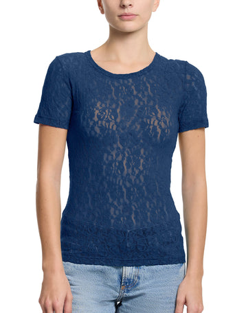 Flora Lace Short Sleeve Top Night Owl Blue - Front View On Model, Sheer Floral Lace | Hanky Panky