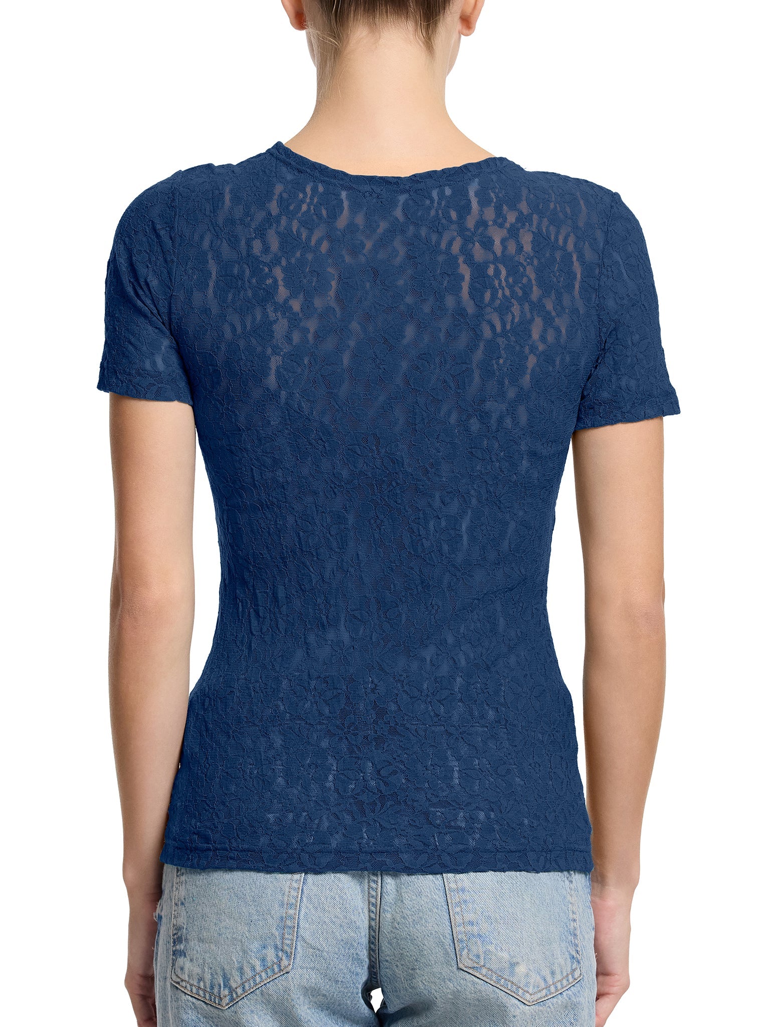 Flora Lace Short Sleeve Top Night Owl Blue - Back View On Model, Blue Lace Top | Hanky Panky