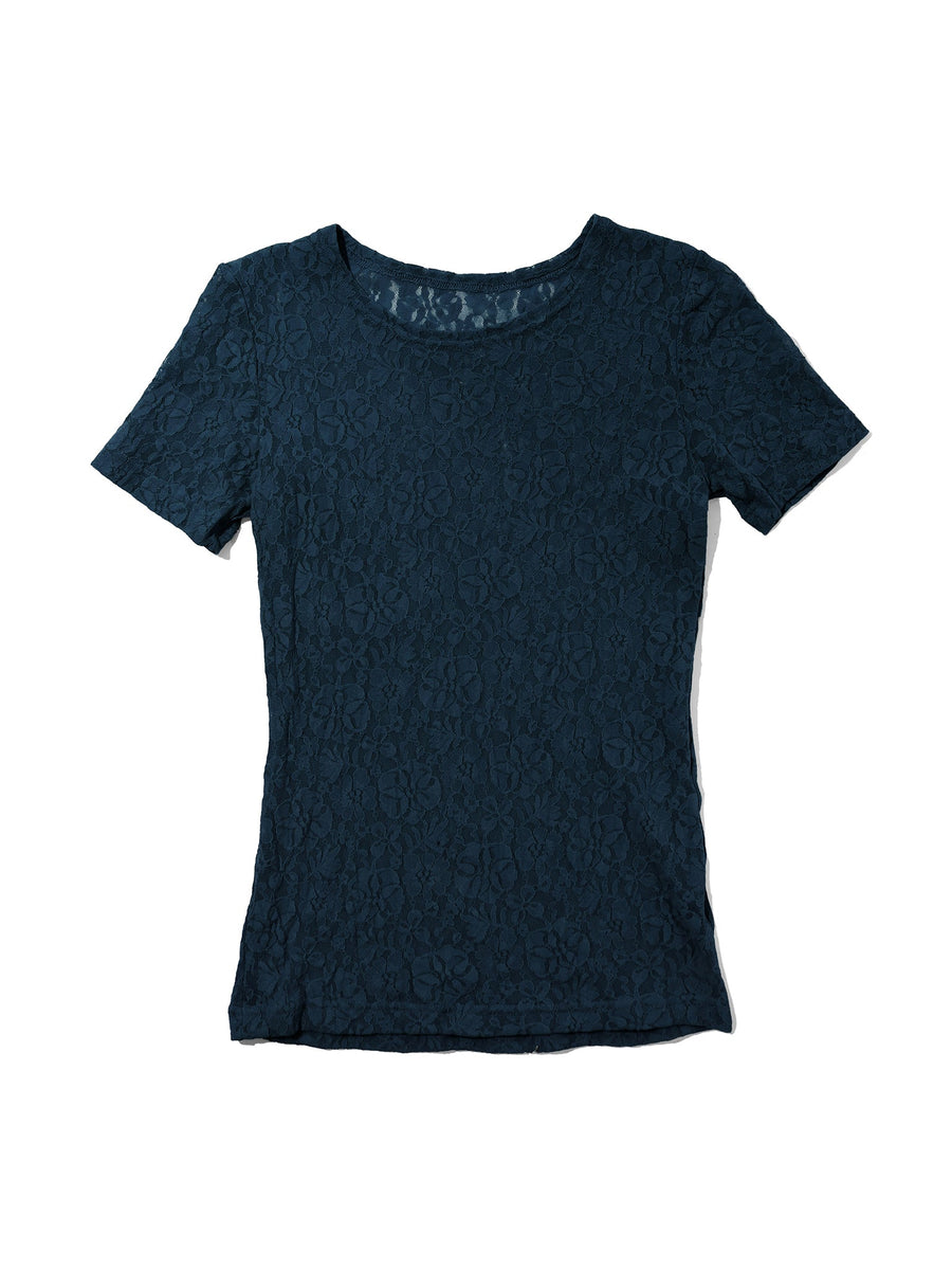 Flora Lace Short Sleeve Top Night Owl Blue - Flat Lay, Floral Lace Detail | Hanky Panky