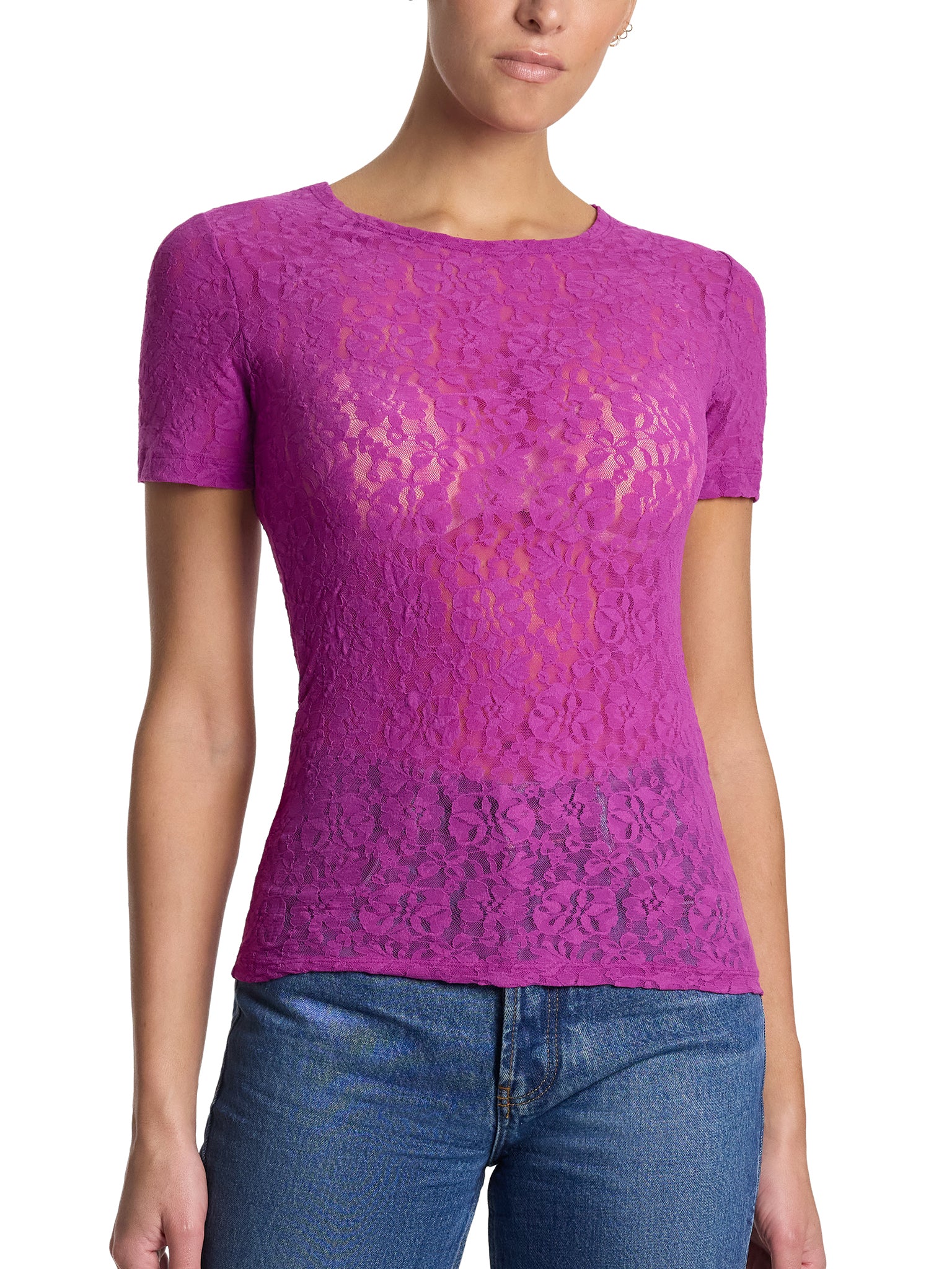 Flora Lace Short Sleeve Top Picking Plums Pink - Front On-Model, Floral Lace Innerwear as Outerwear | Hanky Panky