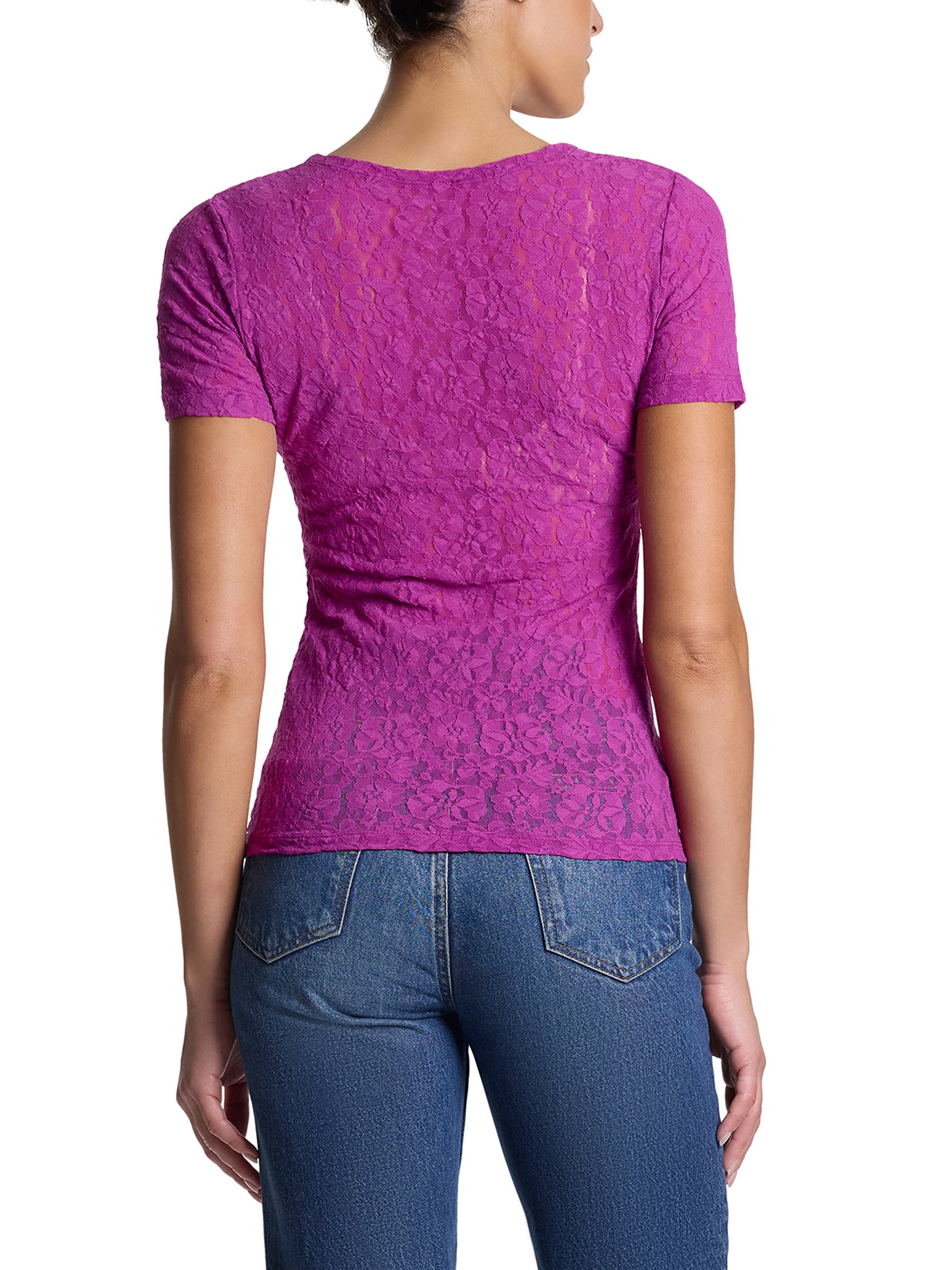 Flora Lace Short Sleeve Top Picking Plums Pink - Back On-Model, Sheer Floral Lace Top | Hanky Panky