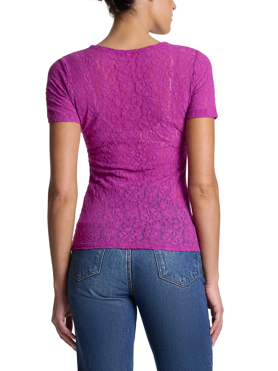 Flora Lace Short Sleeve Top Picking Plums Pink - Back On-Model, Sheer Floral Lace Top | Hanky Panky
