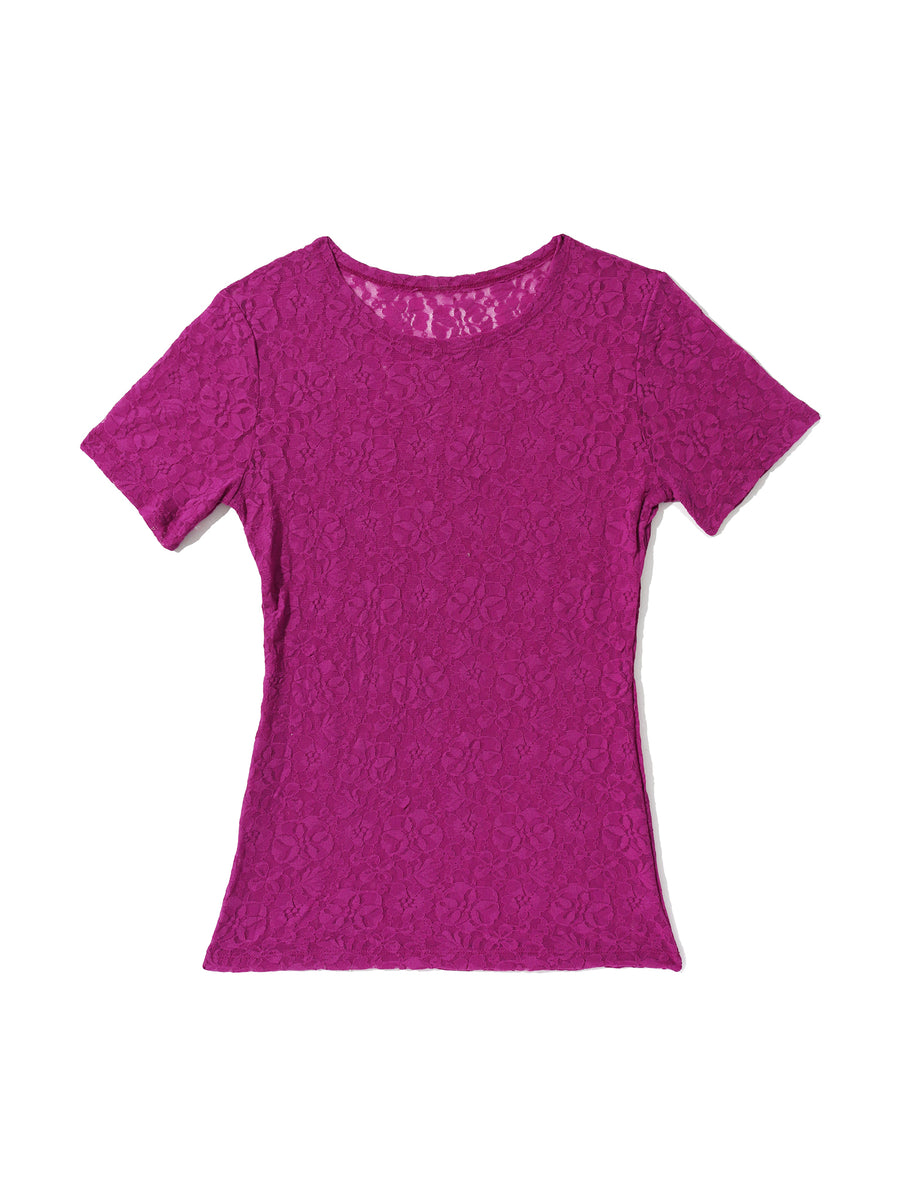 Flora Lace Short Sleeve Top Picking Plums Pink - Flat Lay, Signature Lace Floral Detail | Hanky Panky