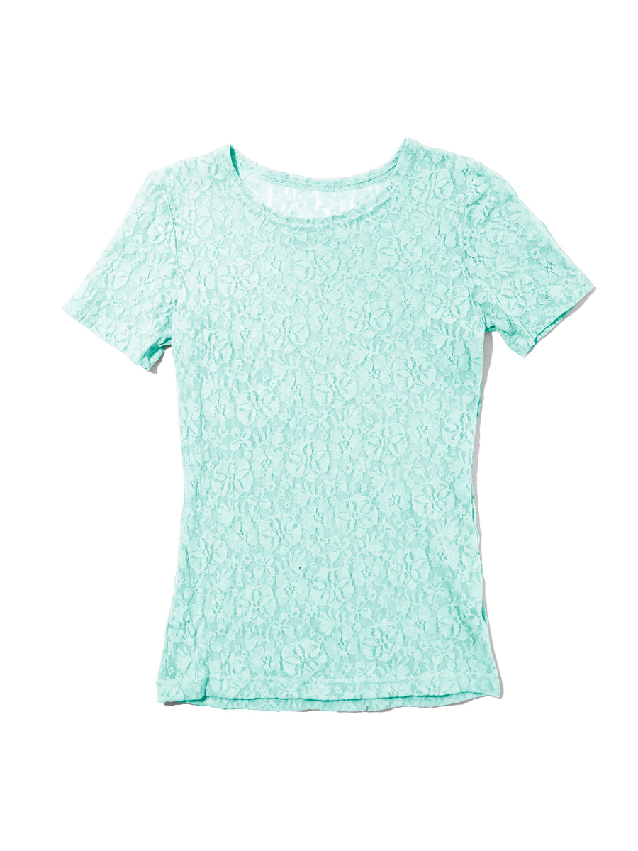 Mint Tea Green Flora Floral Lace Short Sleeve Top - Flat Lay Front View | Hanky Panky