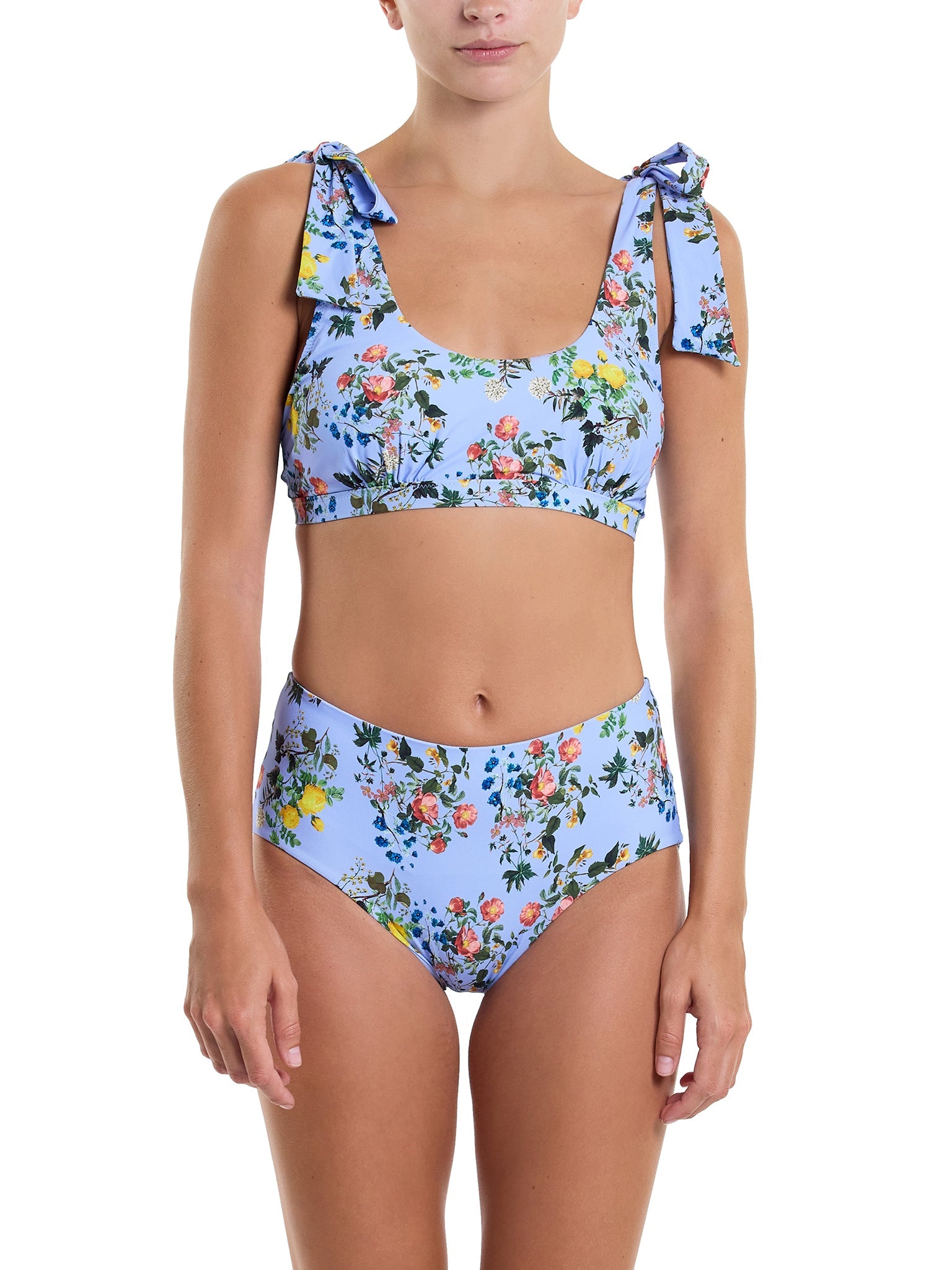Blue Floral French Brief Swim Bottom with Matching Tie-Shoulder Bikini Top - Front Styled Look | Hanky Panky