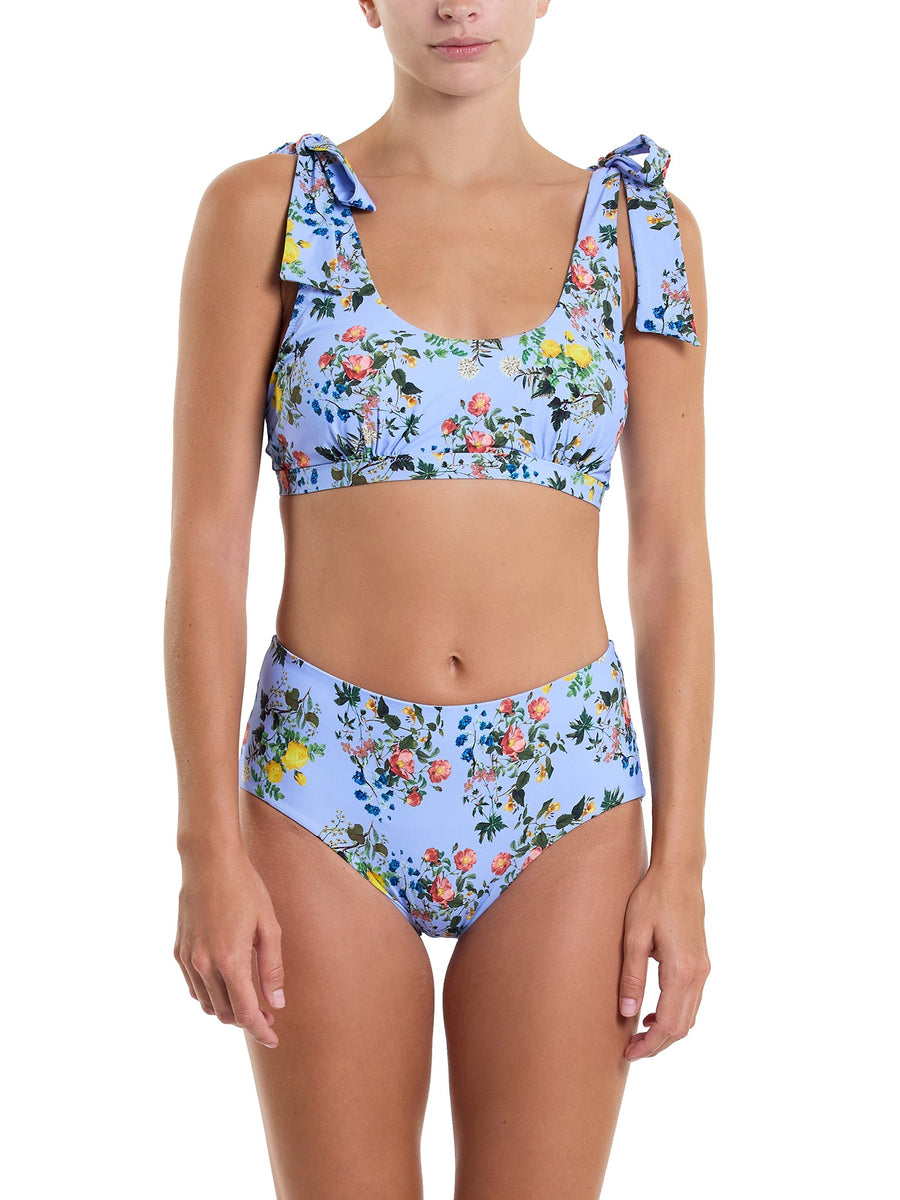 Blue Floral French Brief Swim Bottom with Matching Tie-Shoulder Bikini Top - Front Styled Look | Hanky Panky
