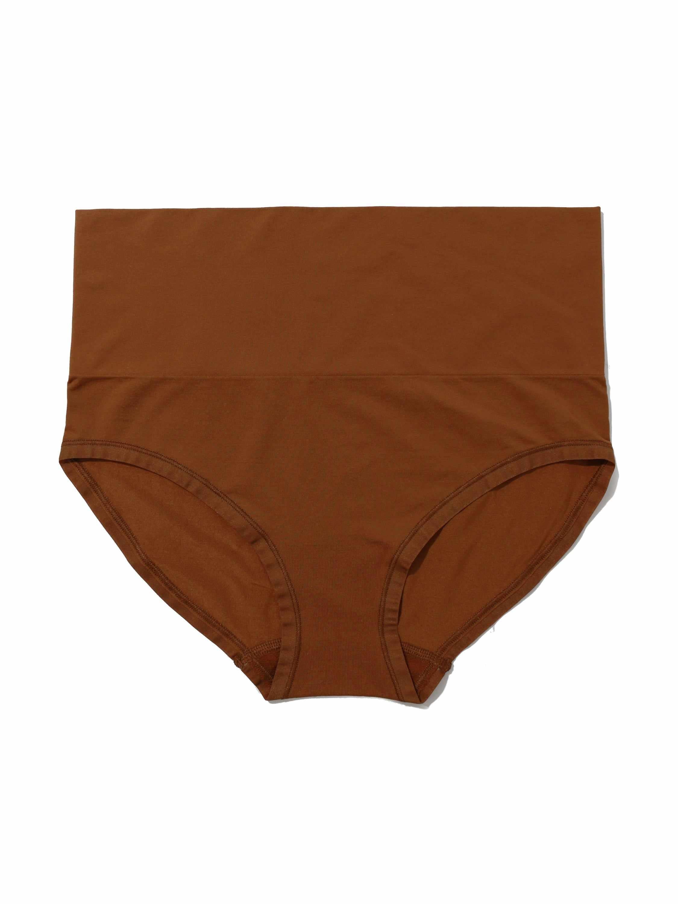 Macchiato Brown Microfiber Smoothing Boyshort Underwear - Flat Lay, Wide Waistband Detail | Hanky Panky