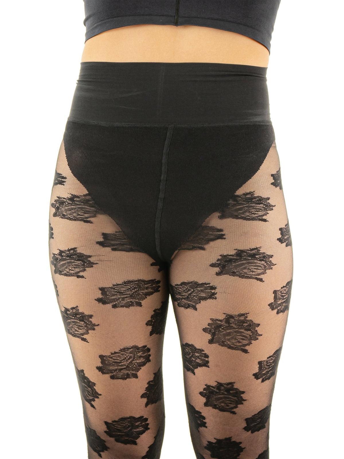 Black rose lace floral tights with high waist thong panel - Back View On Model | Hanky Panky
