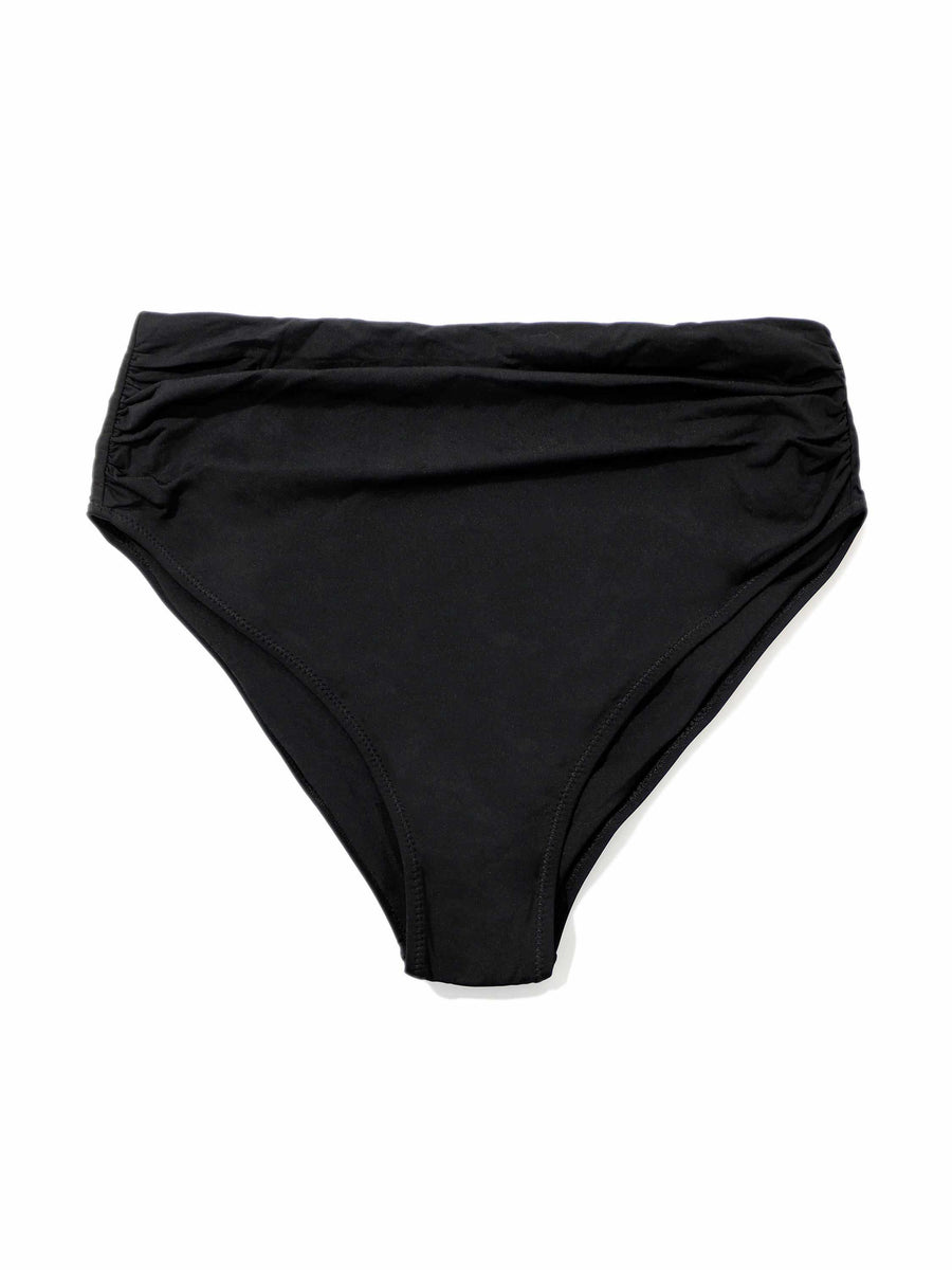 Black High Rise Cheeky Bikini Bottom Ruched Waistband Flat Lay | Hanky Panky