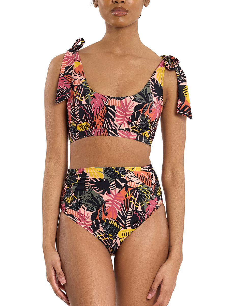 Palm Springs Print High Rise Bikini Bottoms with Tie-Shoulder Swim Top - Two Piece Swimsuit Front View On Model | Hanky Panky