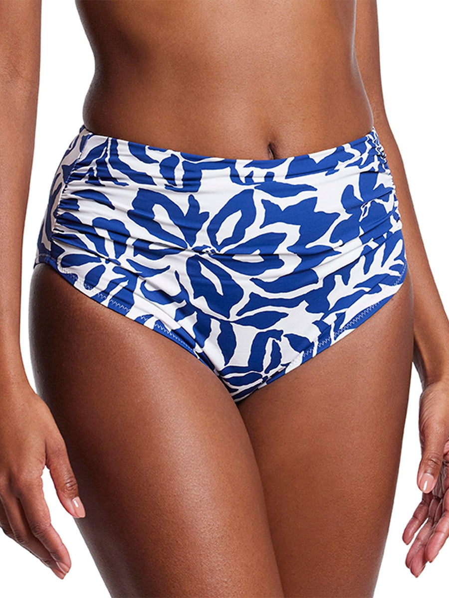Blue & White Floral Ruched High Rise Cheeky Swimsuit Bottom - Front View | Hanky Panky