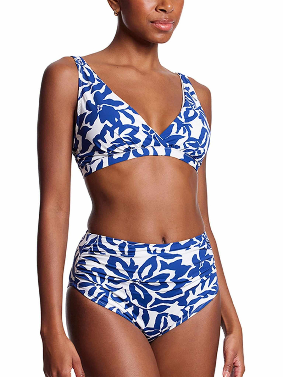 Blue Floral High Rise Cheeky Swimsuit Bottom Styled with Matching Bikini Top - Front On Model | Hanky Panky