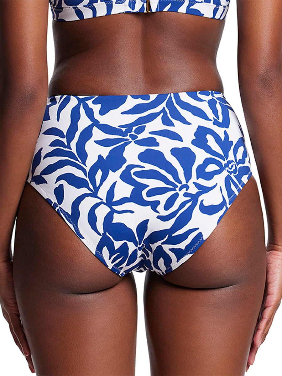 Blue Floral Ruched High Rise Cheeky Swimsuit Bottom with Matching Top - Full Back View | Hanky Panky