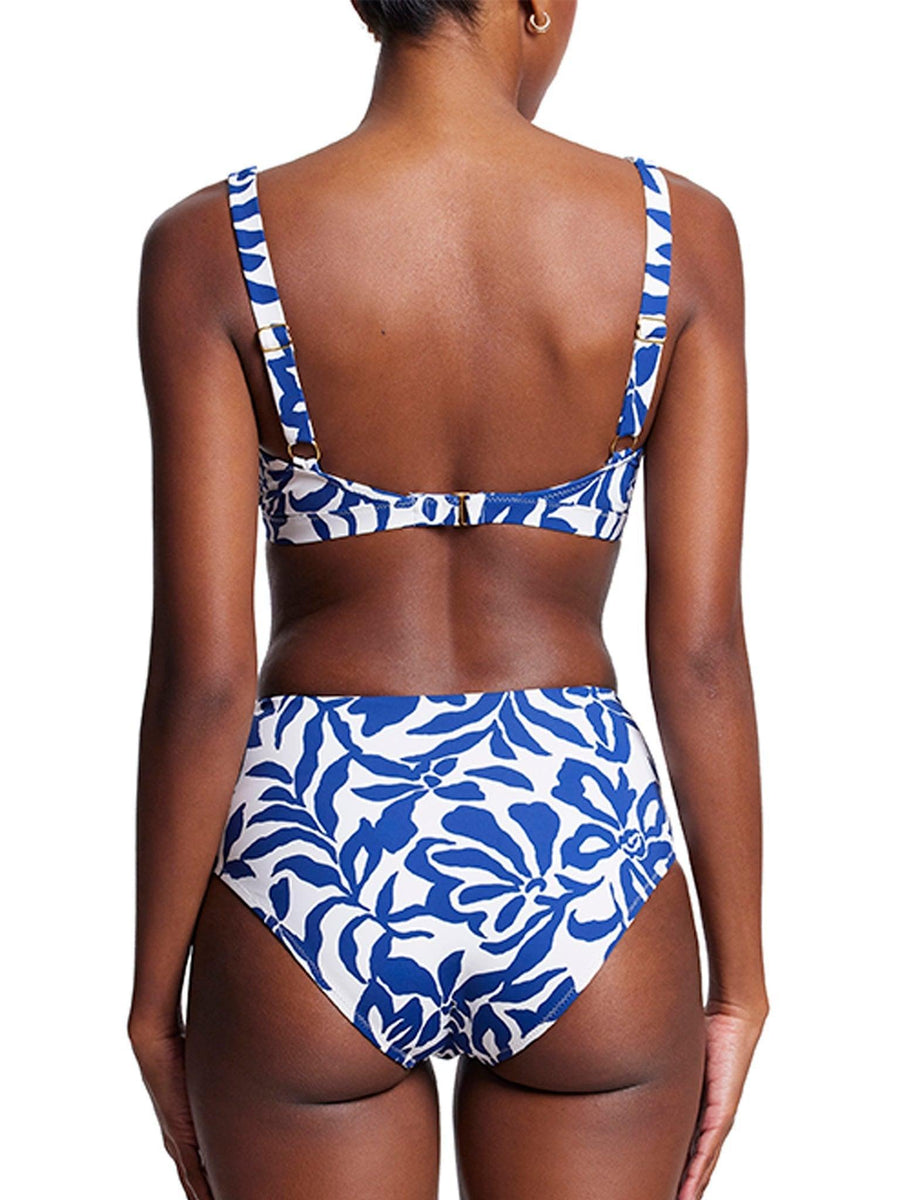 Blue & White Floral Ruched High Rise Cheeky Swimsuit Bottom - Full Back On Model | Hanky Panky