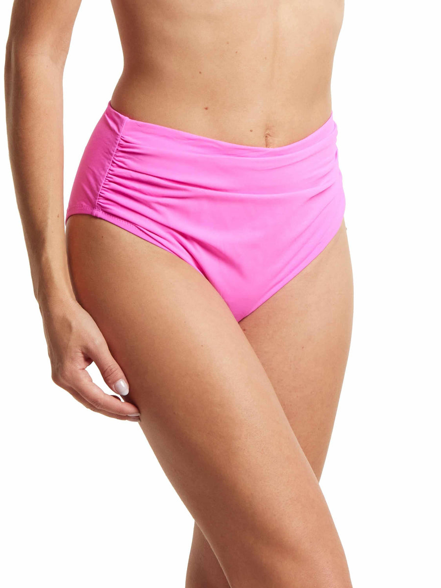 Unapologetic Pink Ruched High Rise Cheeky Bikini Bottom - On Model Front View | Hanky Panky