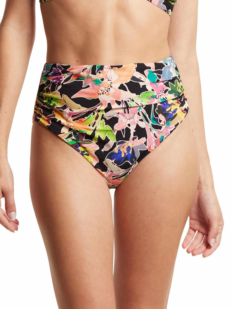 Floral Print High Rise Cheeky Swimsuit Bottom Front View, Ruched Waistband | Hanky Panky