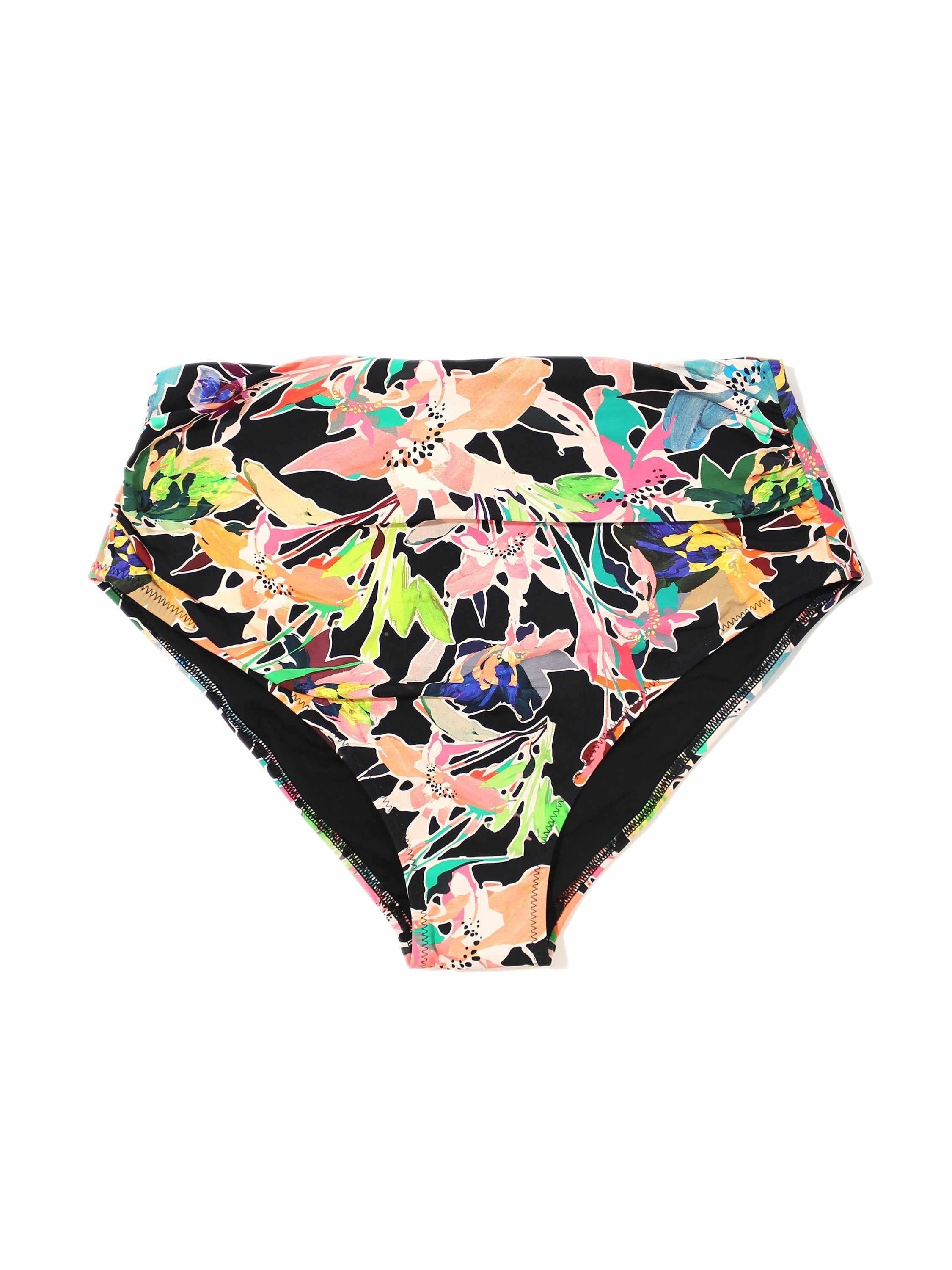 Floral Print High Rise Cheeky Bikini Bottom Flat Lay, Bold Tropical Print | Hanky Panky