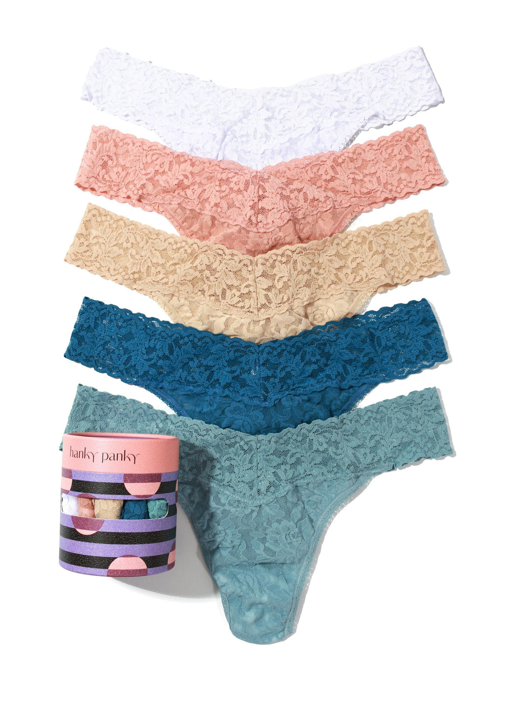 5-pack Lace-trimmed Cotton Thong Briefs - Blue/cream/white - Ladies