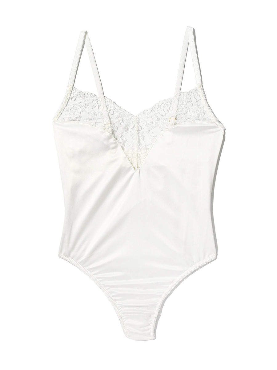 Light Ivory I Do Satin & Embroidered Lace Bridal Bodysuit - Flat Lay Front Detail | Hanky Panky