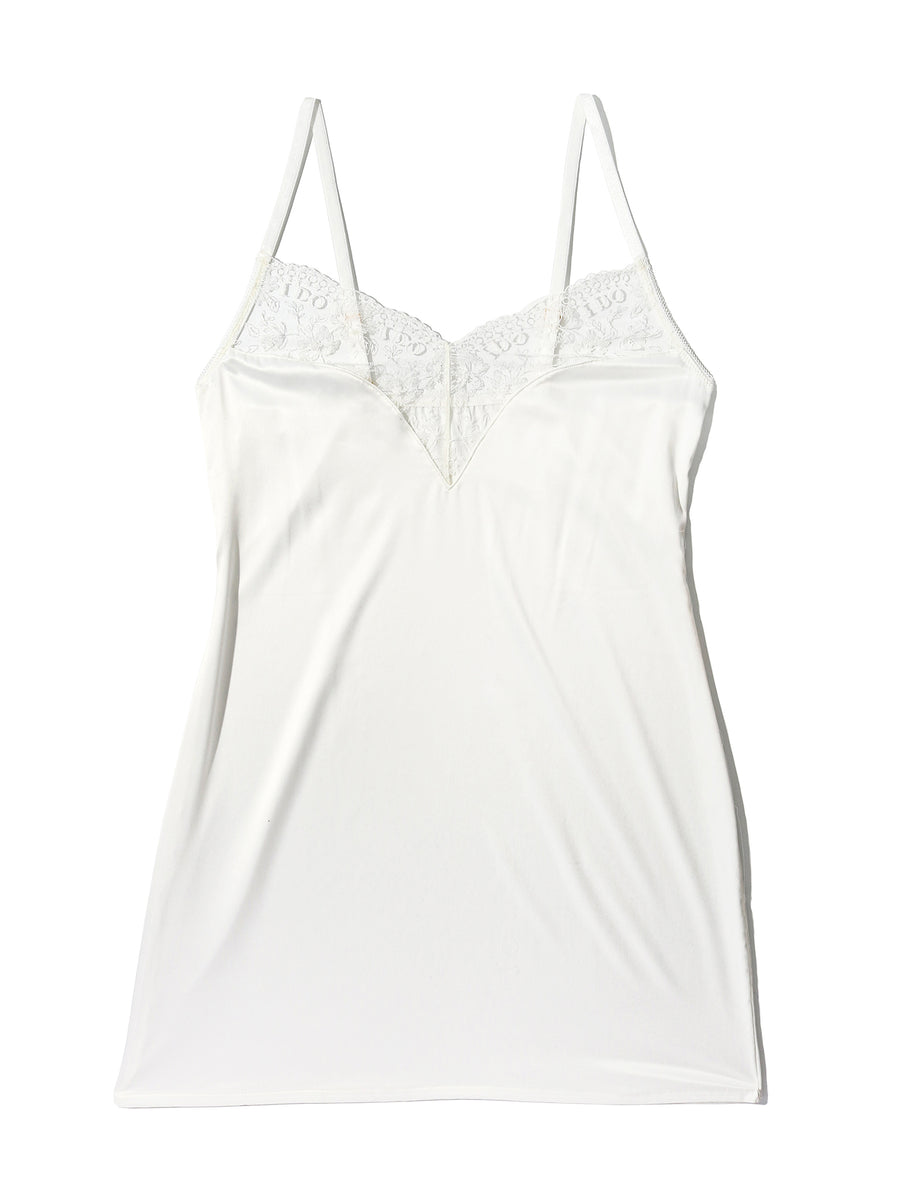 I Do Chemise Light Ivory - Flat Lay, Ivory Satin & I Do Lace Trim Bridal Chemise | Hanky Panky