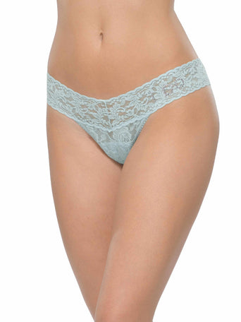 I Do Crystal Signature Lace Low Rise Thong in Celeste Blue with crystal detail - On Model Front | Hanky Panky