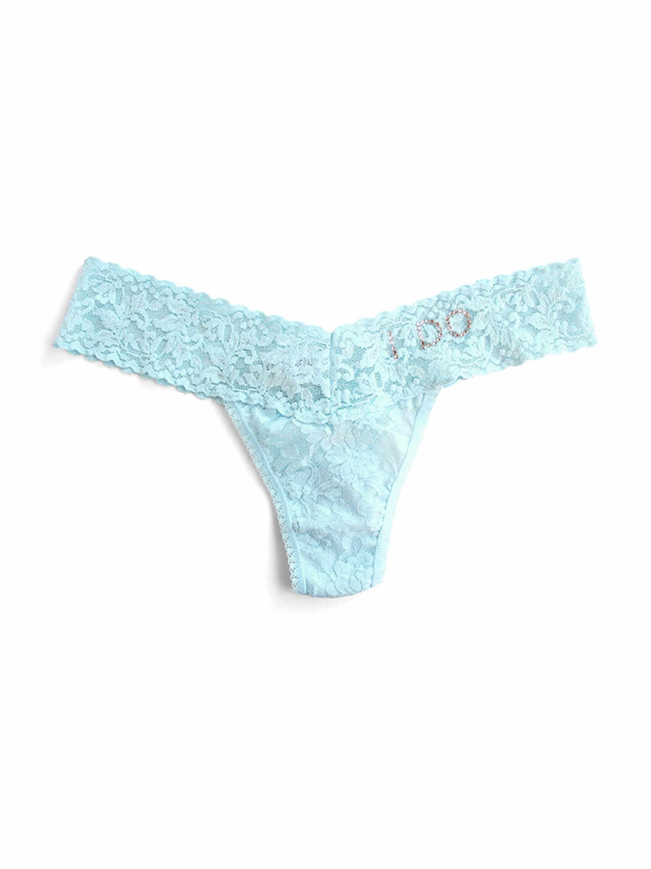 I Do Crystal Signature Lace Low Rise Thong Celeste Blue - Flat Lay showing crystal I Do detail | Hanky Panky
