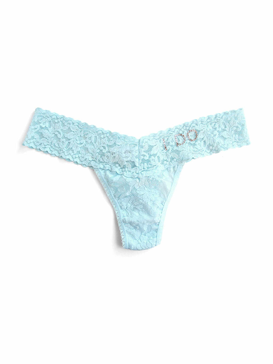 I Do Crystal Signature Lace Low Rise Thong Celeste Blue - Flat Lay showing crystal I Do detail | Hanky Panky