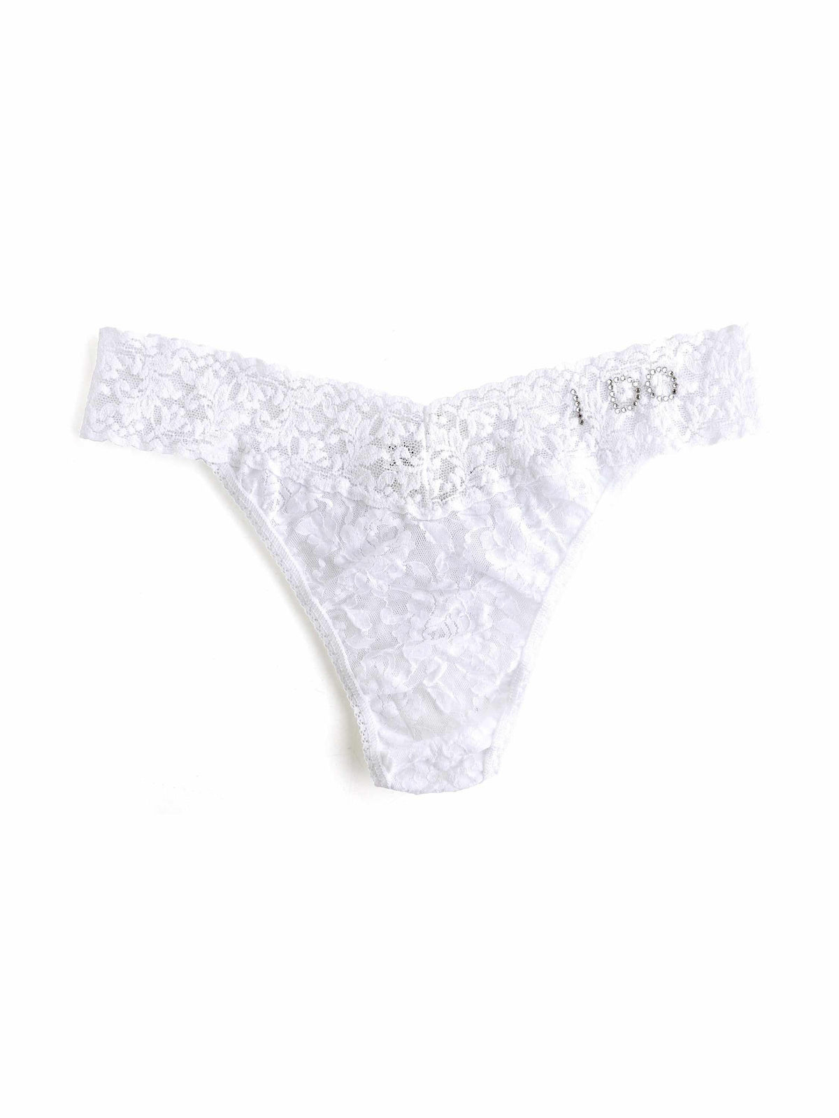 I Do Crystal Signature Lace Original Rise Thong White with crystal "I Do" lettering - Flat Lay | Hanky Panky