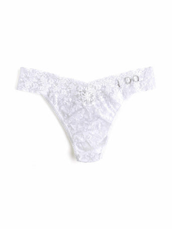I Do Crystal Signature Lace Original Rise Thong White with crystal "I Do" lettering - Flat Lay | Hanky Panky